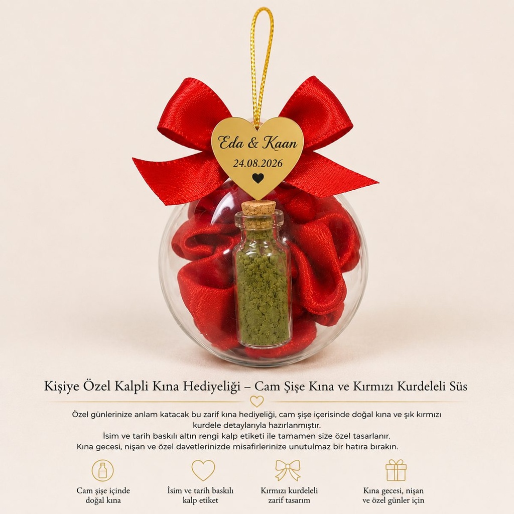 Kişiye Özel Kına Gecesi Hediyeliği | Cam Şişe Kına Tüpü ve Kalpli Etiketli Magnet